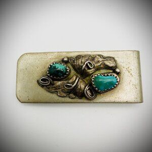 Vintage Turquoise Leaf Motif Money Clip Silver Tone 1.75"